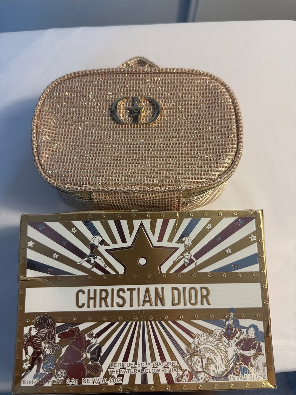 Dior Gold Glitter Cosmetic Case with Branded Box
